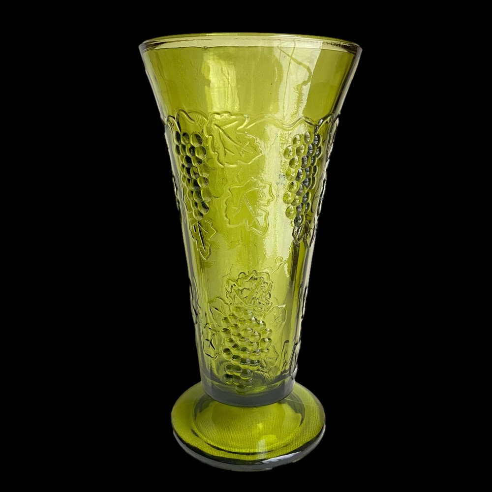Vintage Indiana Glass pedestal vase in green Harvest Grape pattern 7.5 inches